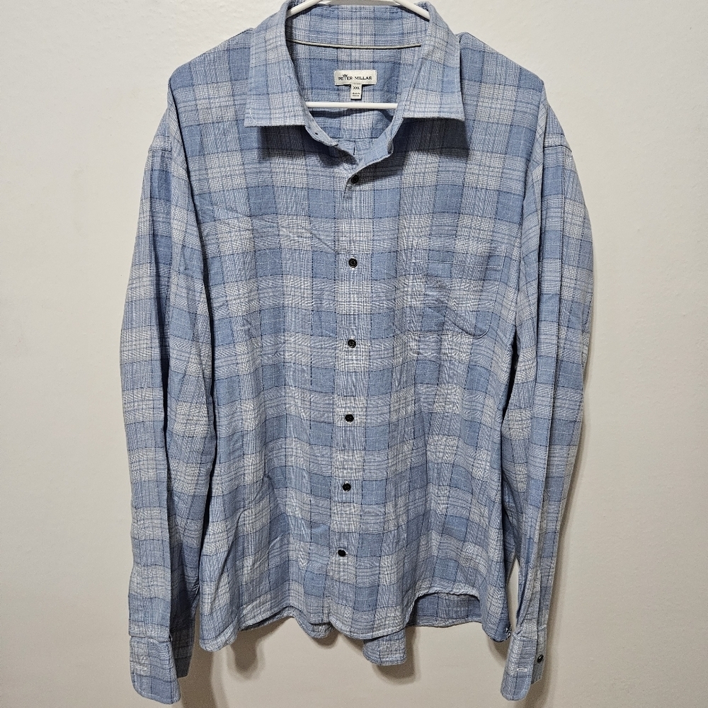 Peter Millar Long Sleeve Button Down Shirt Men XXL 2XL Plaid Tartan Light Blue
